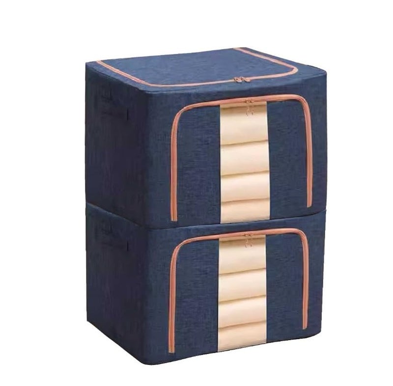HAKKU 66 LTR Foldable Steel Frame Cloths Zip Organizer Bag and Oxford Fabric Storage Living Cover Boxes For Wardrobe Shelves Clothes, Sarees, Bed Sheet, Blanket (Blue, 66 Ltr - Pack of 2) - Image 1