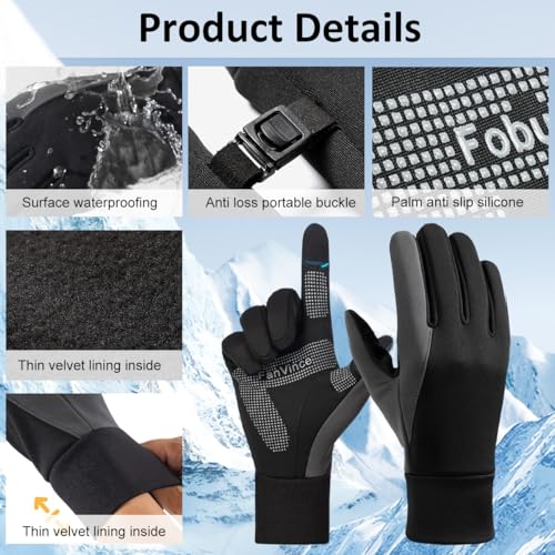 GUSTAVE® Winter Gloves for Men Splashproof Windproof Thermal Plush Lined Riding Cycling Driving Gloves with Antislip Palm and Touchscreen Fingertips Black Grey XL - Image 3