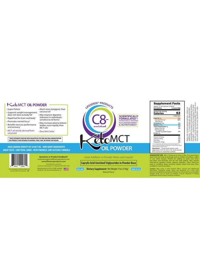 Lifesense - C8 Enriched Mct Oil Powder Unflavored Sourced From Coconut Oil Keto Friendly Developed By Phd Nutrition In Usa - Image 1