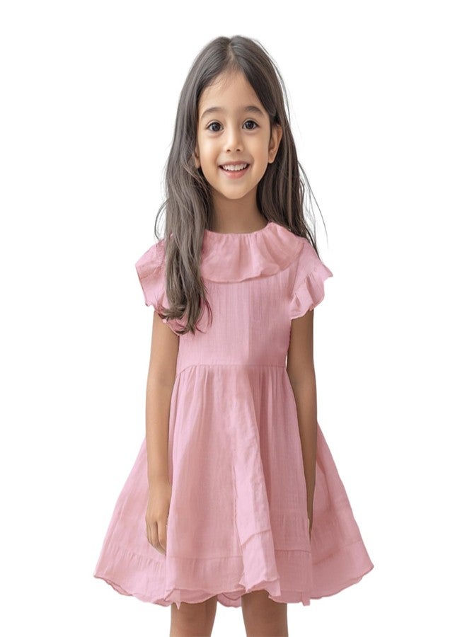 LUAY Girls Linen Frock Dress - Soft Ruffled Sleeves | Baby & Toddler Summer Outfit | Breathable & Lightweight Fabric (Pink, 4-5 Years) - Image 1