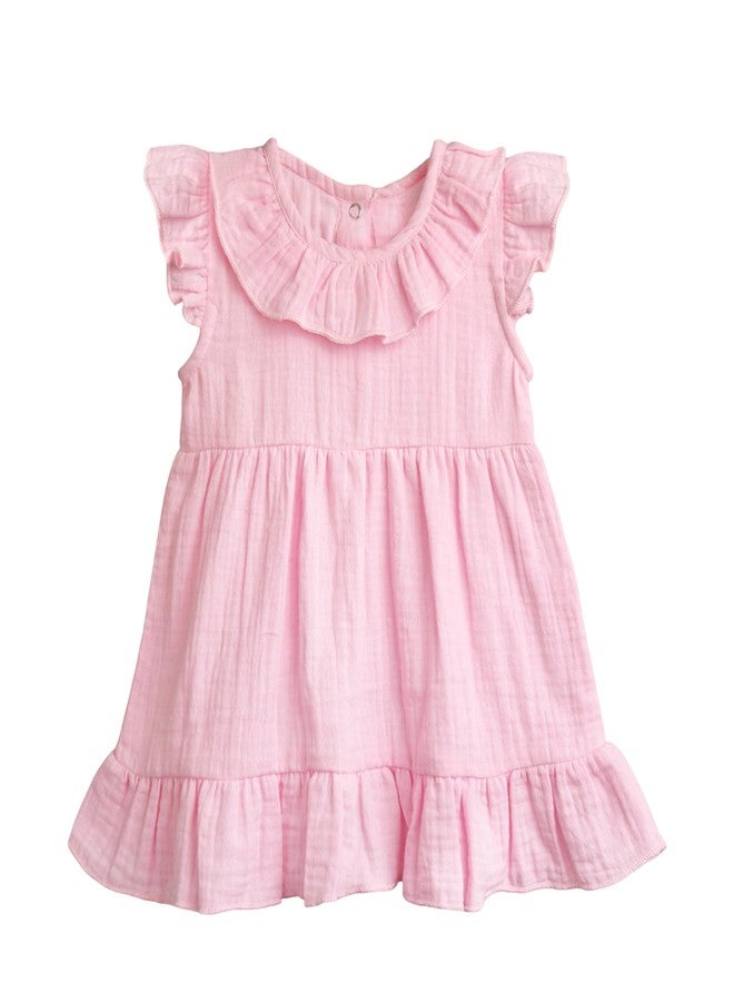 LUAY Girls Linen Frock Dress - Soft Ruffled Sleeves | Baby & Toddler Summer Outfit | Breathable & Lightweight Fabric (Pink, 4-5 Years) - Image 2