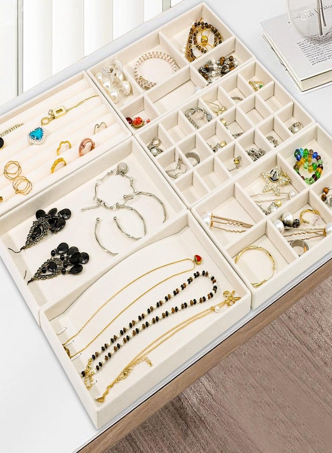 Dntorx Stackable Jewelry Organizer Trays, 6 Set of Velvet Jewelry Drawer Insert Sets Organizer Trays Jewelry Display Case Storage with Removable Dividers for Earring Necklace Rings Bracelet（Beige） - Image 2