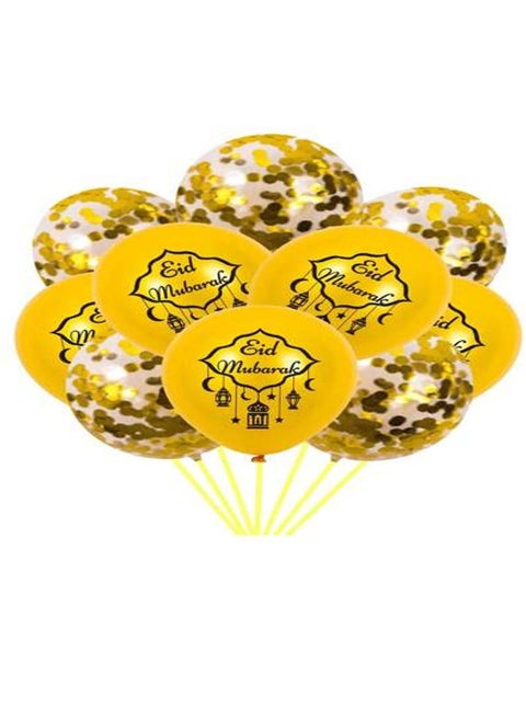 Elegant Eid Decorative Balloons with "Eid Mubarak" Design – Set of 10 Latex Balloons with Sparkling Yellow Confetti, Perfect for Creating a Festive Atmosphere at Home