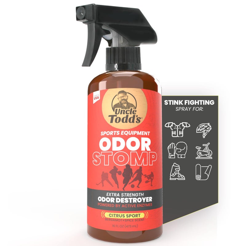 Uncle Todd's Uncle Toddâ€™s Odor Stomp Sports Equipment Odor Eliminator Spray - Extra Strength Enzyme-Powered Deodorizer for Football, Hockey, Gym Bags, and Athletic Gear - Citrus Sport Scent - 16oz - Image 1