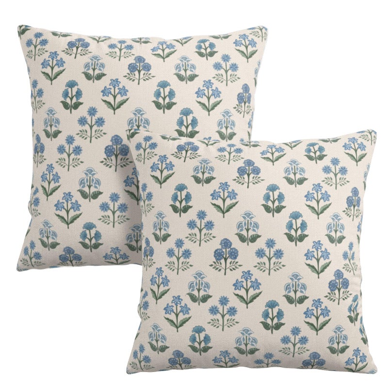 Wnoesat Floral Pillow Covers 18x18 Set of 2 Blue Green Block Print Throw Pillow Cases Vintage Flower Pattern Pillowcases Spring Summer Rustic Outdoor Cushion Covers for Farmhouse Sofa Couch Decor - Image 2