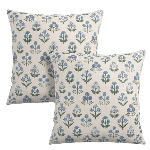 Wnoesat Floral Pillow Covers 18x18 Set of 2 Blue Green Block Print Throw Pillow Cases Vintage Flower Pattern Pillowcases Spring Summer Rustic Outdoor Cushion Covers for Farmhouse Sofa Couch Decor - Image 1