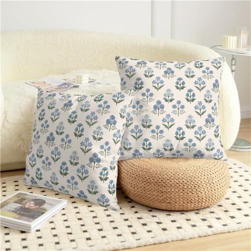 Wnoesat Floral Pillow Covers 18x18 Set of 2 Blue Green Block Print Throw Pillow Cases Vintage Flower Pattern Pillowcases Spring Summer Rustic Outdoor Cushion Covers for Farmhouse Sofa Couch Decor - Image 3