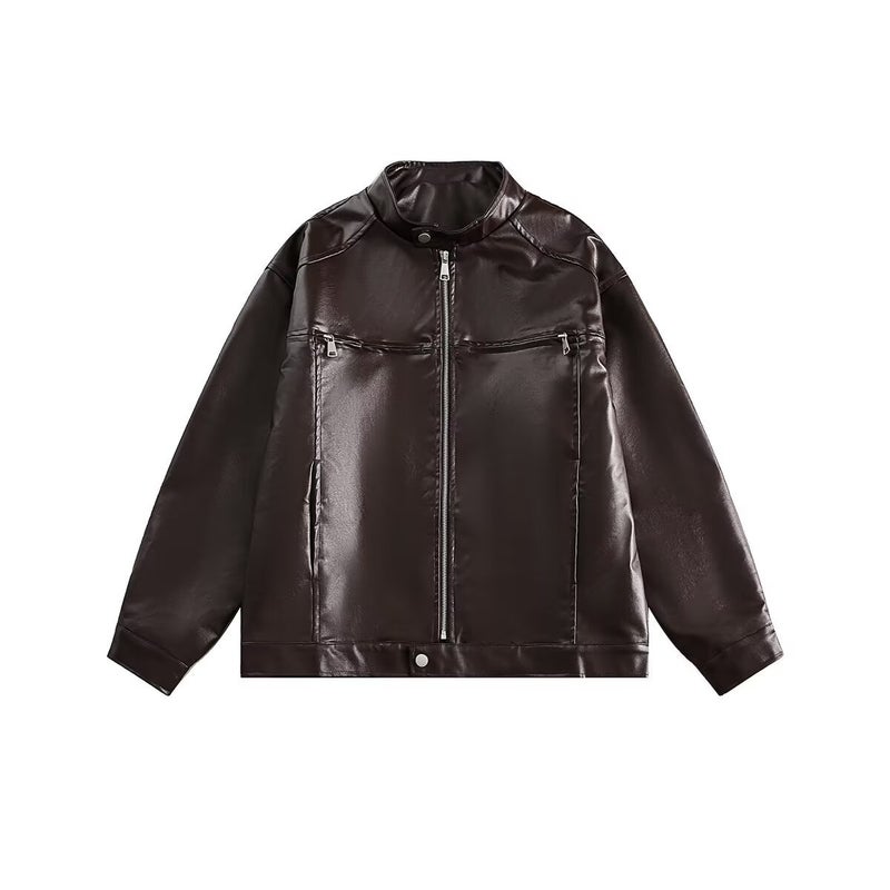2024 Stand Collar High-End Motorcycle Leather Jacket Men'S Short Shoulder Pad Jacket Loose Flying Jacket Trendy Brand - Image 1