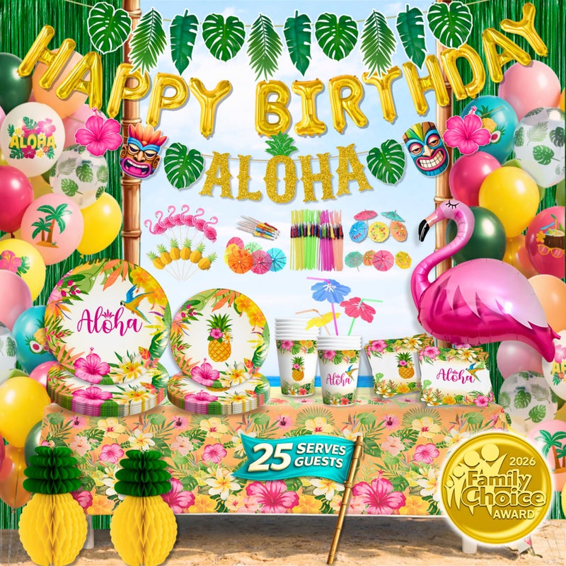 RainMeadow Premium Luau Birthday Party Decorations Set for 25 guests - Hawaiian Theme with Aloha Banner, Balloons, Flamingo, Tableware - Tropical Luau Party Supplies - Image 1