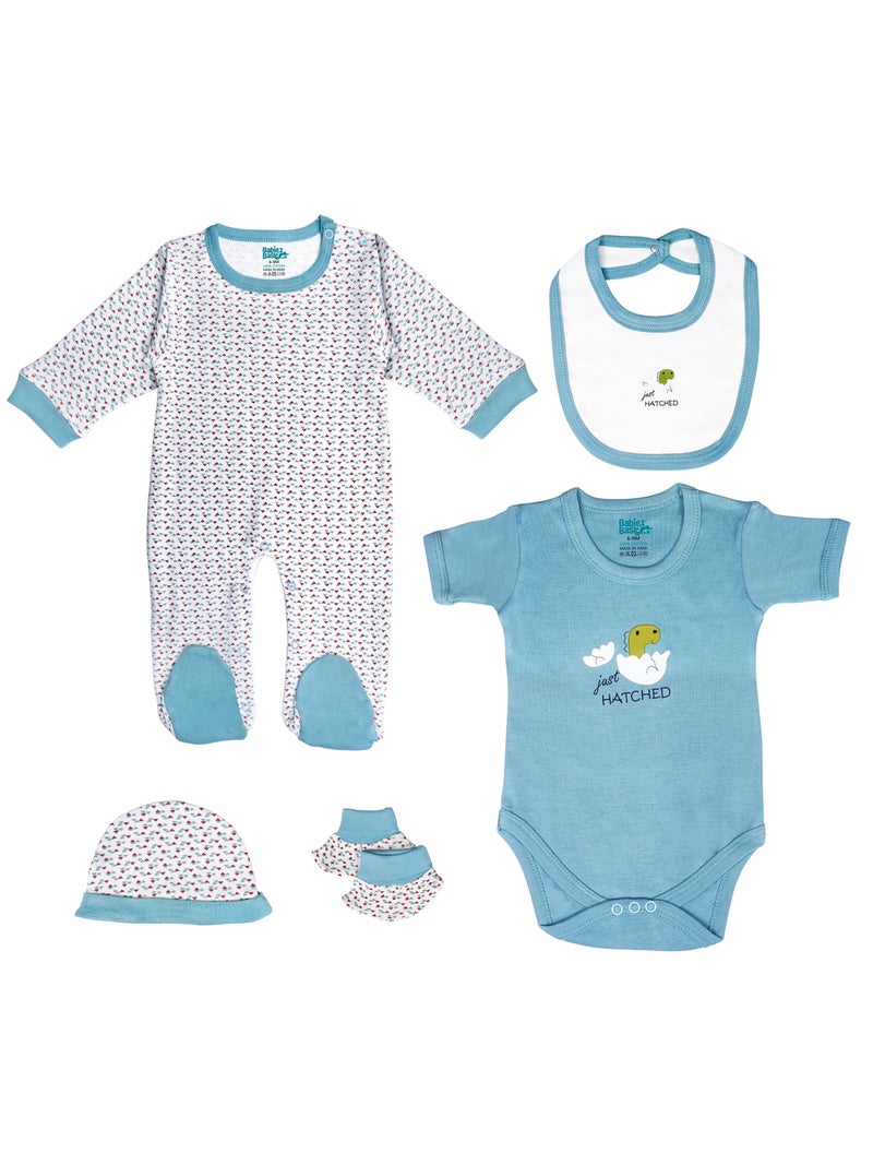 بابيز_بيسك بيبيز بيسك مجموعة هدايا مكونة من 5 قطع قطنية 100٪ للجنسين تشمل السالوبيت ، والرمبر ، والقفازات ، والقبعة ، والبيجامة/البذلة. - Image 1