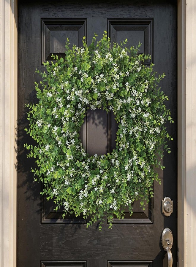 VIERENA 26" Artificial Eucalyptus Wreath with Baby's Breath for Front Door - Fake Eucalyptus Wreath, Spring Summer Faux Flowers Wreath for Porch, Farmhouse, Wall, Window, Home Decor (White-Green) - Image 2