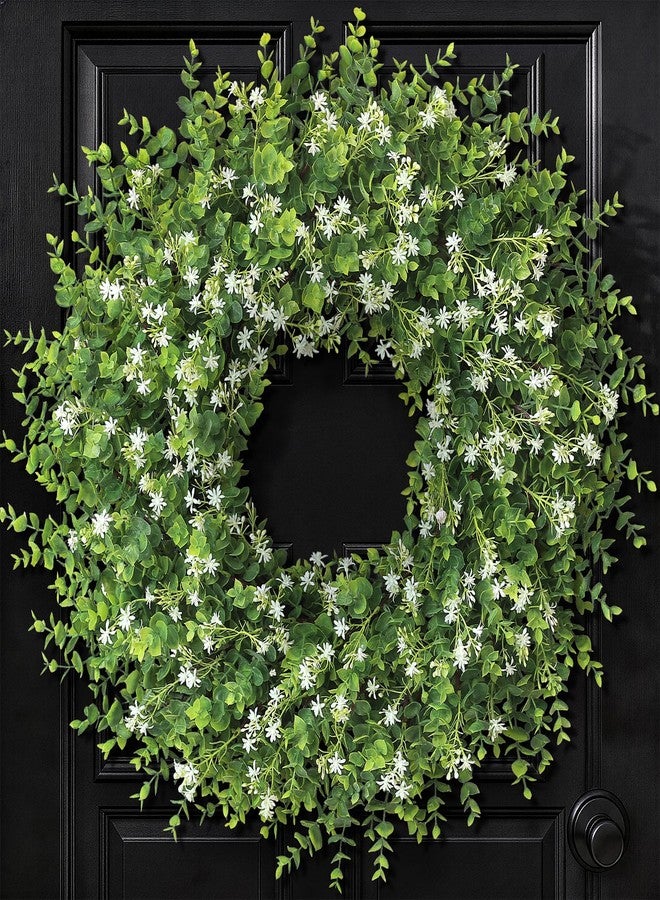 VIERENA 26" Artificial Eucalyptus Wreath with Baby's Breath for Front Door - Fake Eucalyptus Wreath, Spring Summer Faux Flowers Wreath for Porch, Farmhouse, Wall, Window, Home Decor (White-Green) - Image 1