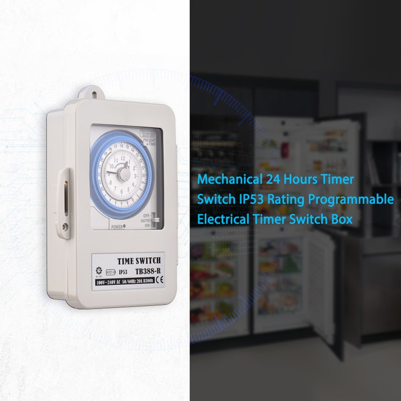 مفتاح مؤقت ميكانيكي لمدة 24 ساعة IP53 - صندوق مفتاح مؤقت كهربائي قابل للبرمجة تيار متردد 100-240 فولت، فاصل زمني 15 دقيقة، 96 مرة تشغيل/إيقاف مع فتحة تثبيت وغطاء مقاوم للماء - Image 2