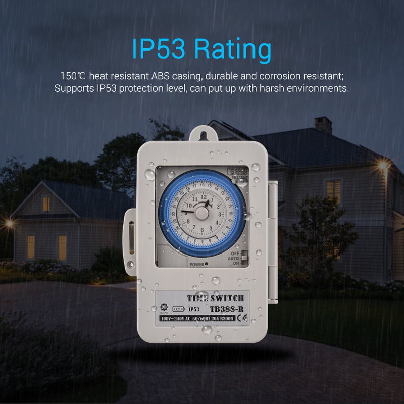 مفتاح مؤقت ميكانيكي لمدة 24 ساعة IP53 - صندوق مفتاح مؤقت كهربائي قابل للبرمجة تيار متردد 100-240 فولت، فاصل زمني 15 دقيقة، 96 مرة تشغيل/إيقاف مع فتحة تثبيت وغطاء مقاوم للماء - Image 3