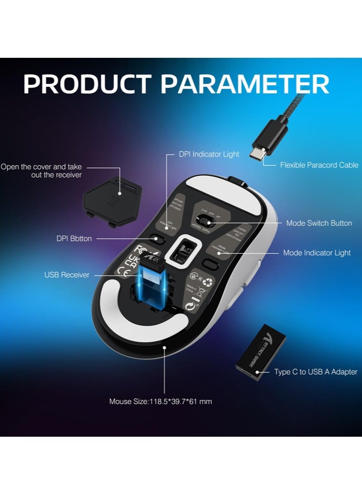 Attack Shark - X3PRO 4K/8K Lightweight Wireless Gaming Mouse with Tri-Mode(Wired/2.4GHz/BT),PAW3395 Optical Sensor,26K DPI,Kailh GM8.0 Switch,Long Battery,7 Buttons for PC/Laptop/Win/Mac(White) - Image 1