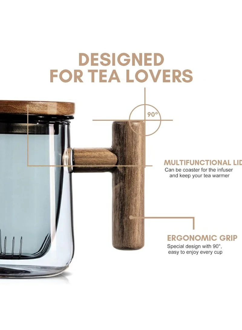 Quesera  Quesera Thick Heat-resistant High Borosilicate Glass Teacup with Infuser and Wooden Handle, Capacity: 300ML  | Best Price UAE