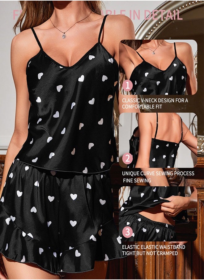 Generic - Women's Printed Pajamas Set, Fashionable Love Pajama Set, V-Neck Halter Top Shorts Pajama Set - Image 1