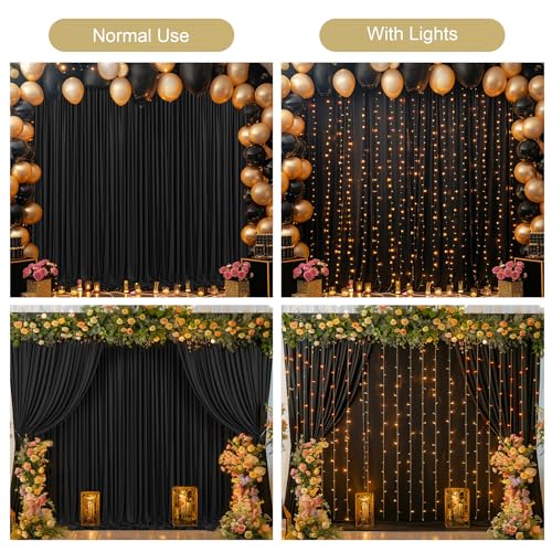 PARTISKY Black Backdrop Curtain with Lights String for Parties,10x10FT Wrinkle Free Black Drapes Wedding Photo Backdrop Curtains for Baby Shower Birthday Ceremony Reception Home Party Decorations - Image 3
