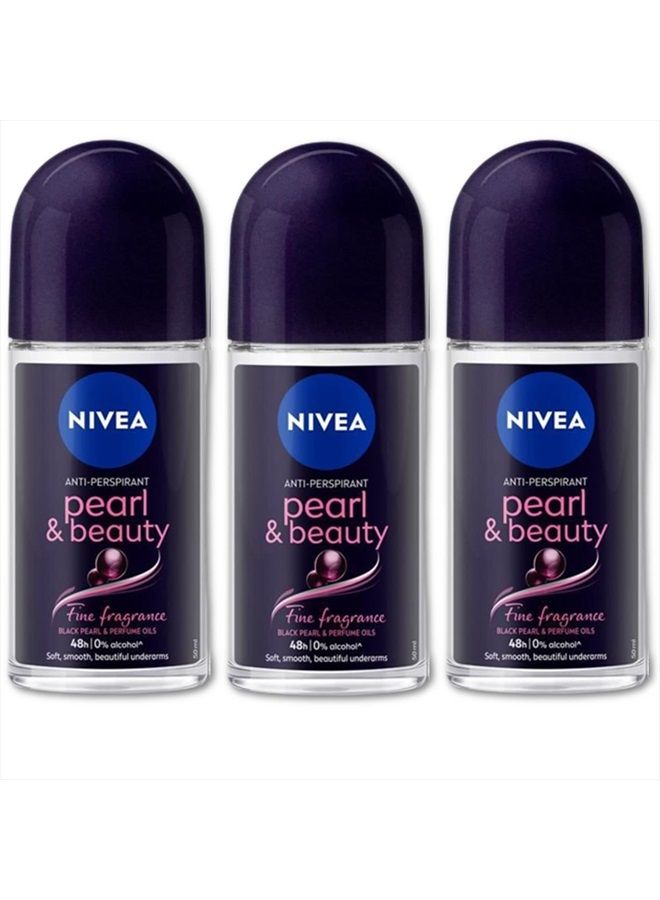 Nivea رول أون بيوتي بيرل الأسود - خالي من الكحول، مزيل عرق، 48 ساعة، محتوى منعش طوال اليوم، عطر فاخر، تحت الإبطين ناعم وجميل 1.7 أونصة (عبوة من 3) - Image 1
