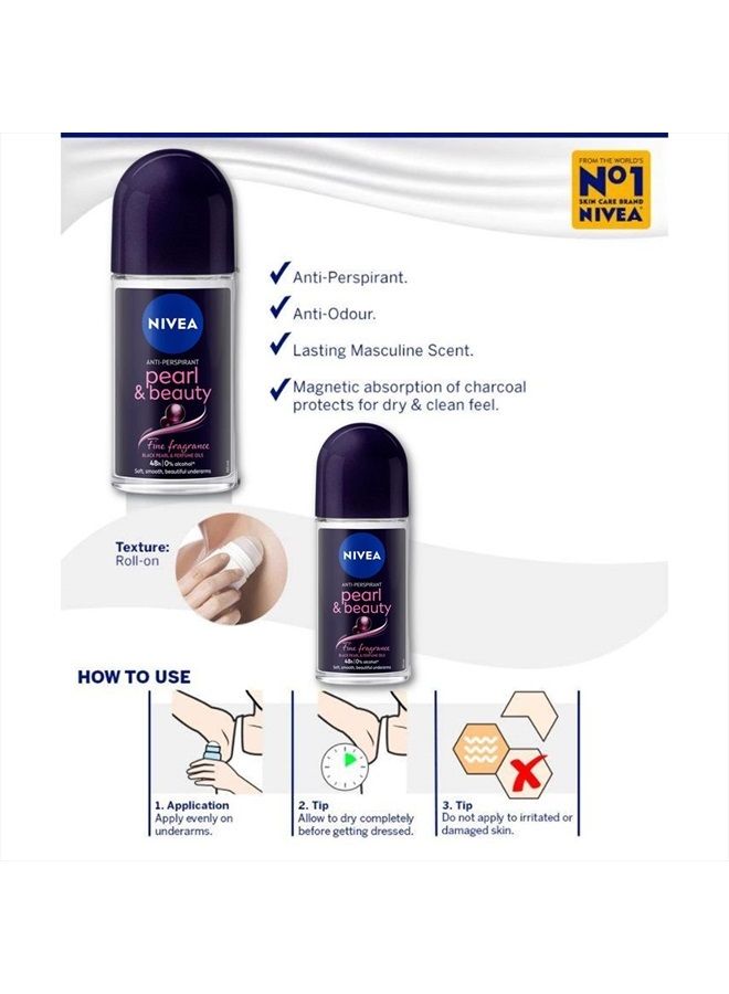 Nivea رول أون بيوتي بيرل الأسود - خالي من الكحول، مزيل عرق، 48 ساعة، محتوى منعش طوال اليوم، عطر فاخر، تحت الإبطين ناعم وجميل 1.7 أونصة (عبوة من 3) - Image 5