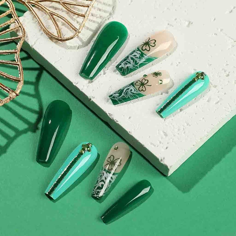 RikView Green Press on Nails Long French Tips Nails Coffin Acrylic Nails Glossy Fake Nails for Women 24 PCS/Set - Image 4