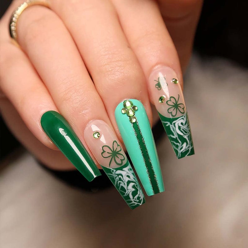 RikView Green Press on Nails Long French Tips Nails Coffin Acrylic Nails Glossy Fake Nails for Women 24 PCS/Set - Image 2
