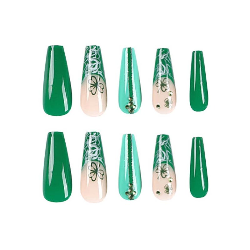RikView Green Press on Nails Long French Tips Nails Coffin Acrylic Nails Glossy Fake Nails for Women 24 PCS/Set - Image 5