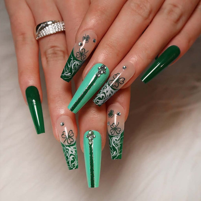 RikView Green Press on Nails Long French Tips Nails Coffin Acrylic Nails Glossy Fake Nails for Women 24 PCS/Set - Image 1