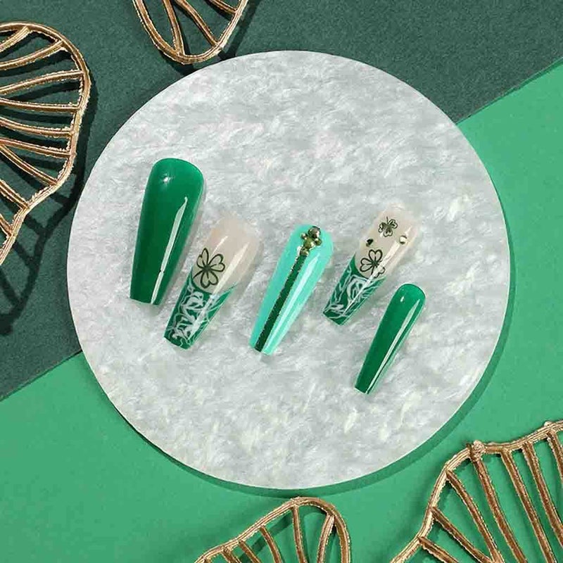 RikView Green Press on Nails Long French Tips Nails Coffin Acrylic Nails Glossy Fake Nails for Women 24 PCS/Set - Image 3