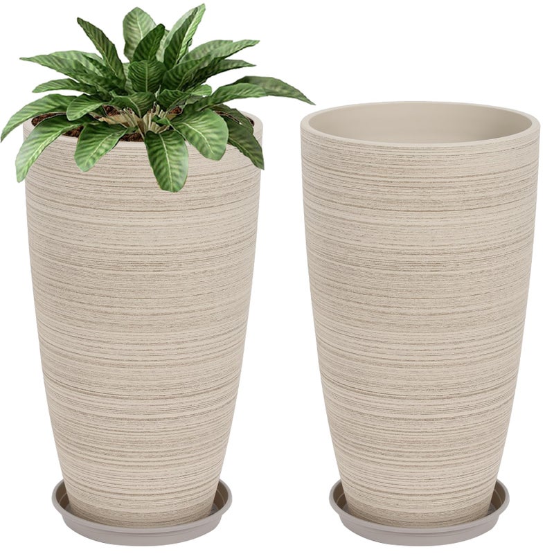 Neoaider Set of 2 Tall Planter, 21 inch Large Plastic Planter with Drain Hole & Saucers, Large Outdoor Planters for Porch, Garden, Patio, Balcony(Oat Color) - Image 1