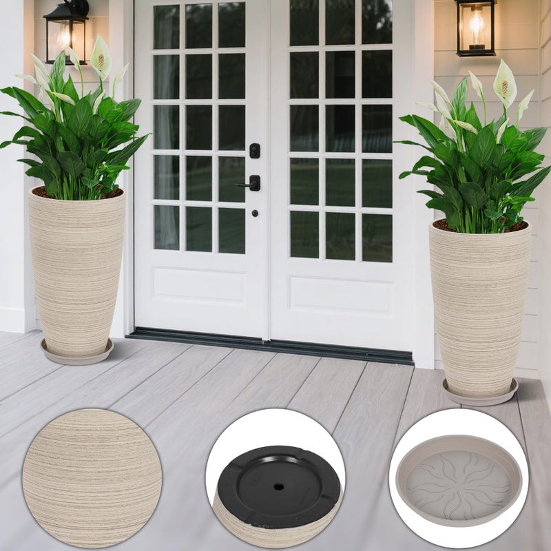 Neoaider Set of 2 Tall Planter, 21 inch Large Plastic Planter with Drain Hole & Saucers, Large Outdoor Planters for Porch, Garden, Patio, Balcony(Oat Color) - Image 4