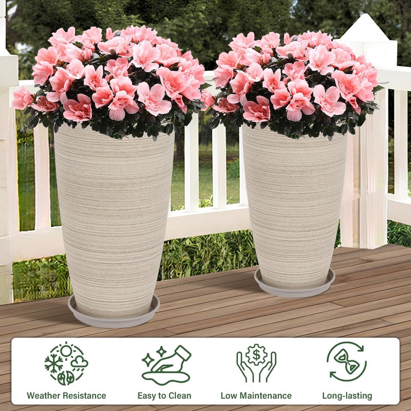 Neoaider Set of 2 Tall Planter, 21 inch Large Plastic Planter with Drain Hole & Saucers, Large Outdoor Planters for Porch, Garden, Patio, Balcony(Oat Color) - Image 2
