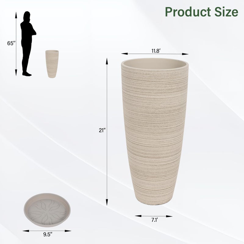 Neoaider Set of 2 Tall Planter, 21 inch Large Plastic Planter with Drain Hole & Saucers, Large Outdoor Planters for Porch, Garden, Patio, Balcony(Oat Color) - Image 3