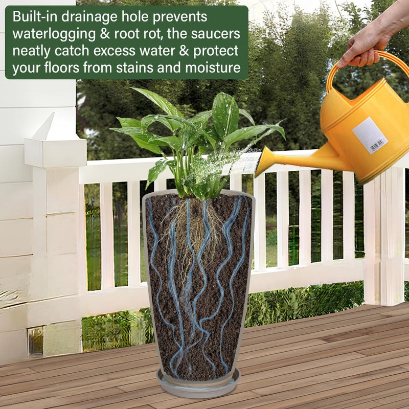 Neoaider Set of 2 Tall Planter, 21 inch Large Plastic Planter with Drain Hole & Saucers, Large Outdoor Planters for Porch, Garden, Patio, Balcony(Oat Color) - Image 5