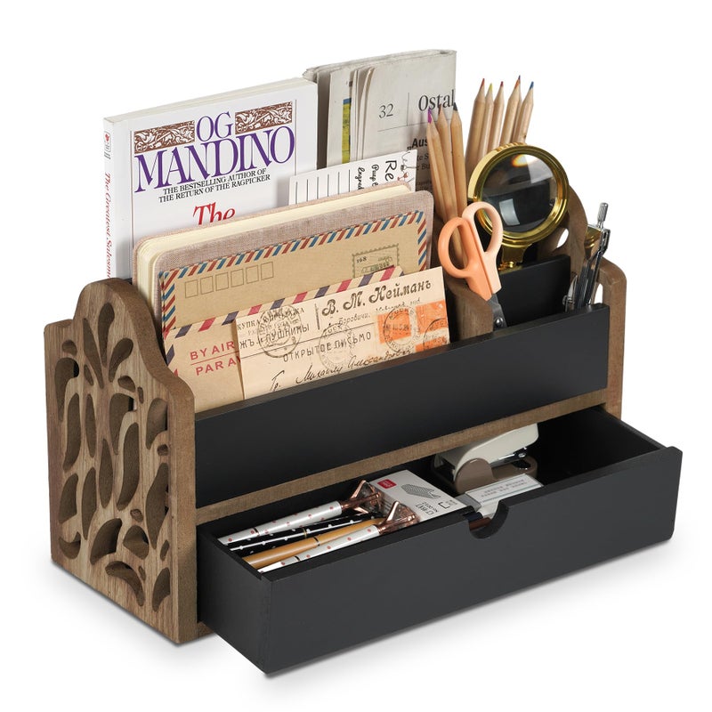 Dhmkfly Desk Organizer with Drawer Wood File Office Mail Organizer Countertop-5 Slot Tabletop Storage Pen Organizer Letter Holder for School Home Office Supplies - Image 1