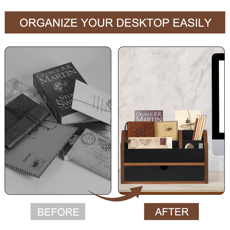 Dhmkfly Desk Organizer with Drawer Wood File Office Mail Organizer Countertop-5 Slot Tabletop Storage Pen Organizer Letter Holder for School Home Office Supplies - Image 4