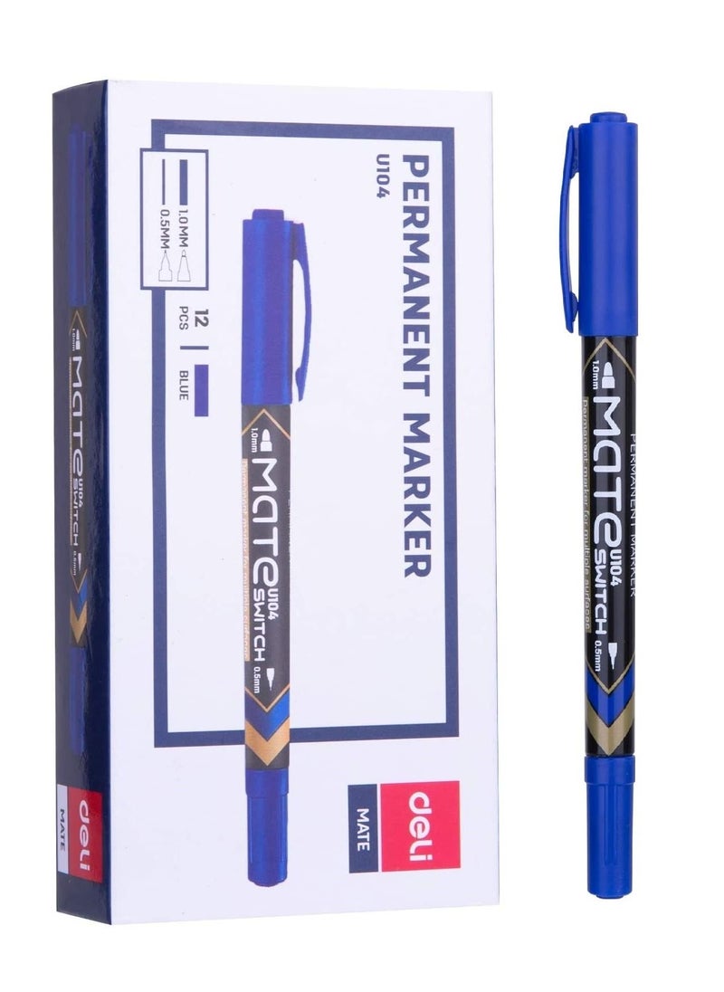 Deli 12-Piece Twin Tip Permanent Marker Blue Ink  - Image 1
