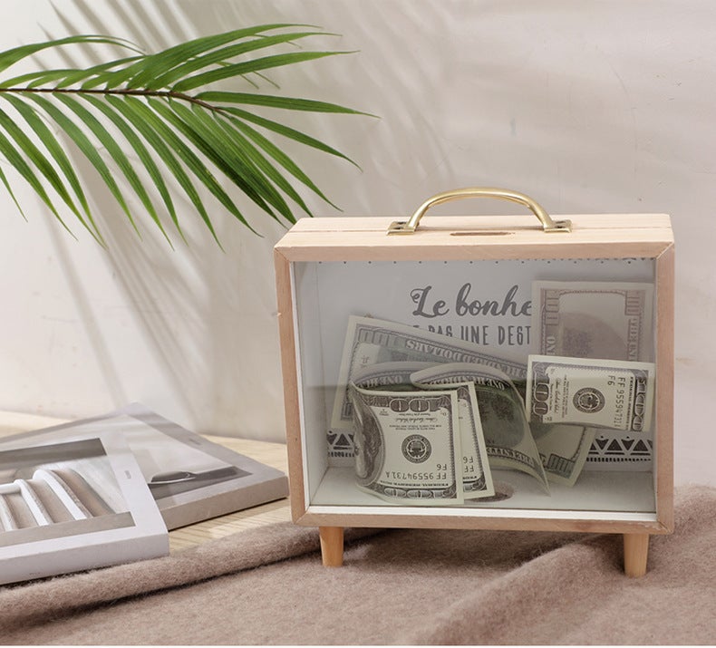Wooden Crafts Piggy Bank Transparent Glass Coin Jar Children'S Holiday Gift 1101 - Image 2