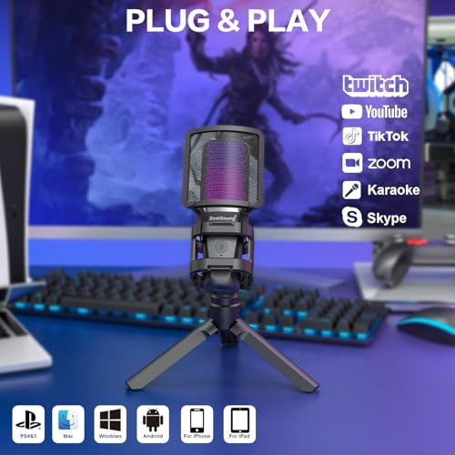 zealsound USB Microphone for PC/Phone,RGB Microphone Mic With Tripod Stand,Quick Mute,Gain Control,Asmr,Cardioid Microphone for Youtube/Streaming/Podcasting/Recording,Pop Filter Mic for Laptop/PS4/PS5 - Image 5