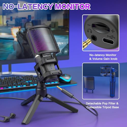 zealsound USB Microphone for PC/Phone,RGB Microphone Mic With Tripod Stand,Quick Mute,Gain Control,Asmr,Cardioid Microphone for Youtube/Streaming/Podcasting/Recording,Pop Filter Mic for Laptop/PS4/PS5 - Image 3