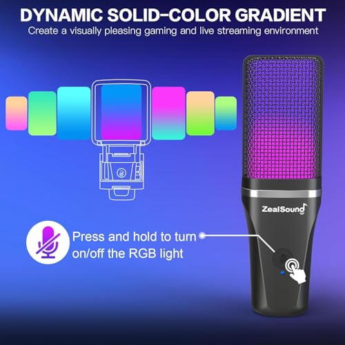 zealsound USB Microphone for PC/Phone,RGB Microphone Mic With Tripod Stand,Quick Mute,Gain Control,Asmr,Cardioid Microphone for Youtube/Streaming/Podcasting/Recording,Pop Filter Mic for Laptop/PS4/PS5 - Image 2
