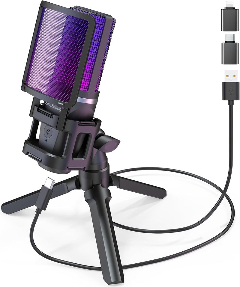 zealsound USB Microphone for PC/Phone,RGB Microphone Mic With Tripod Stand,Quick Mute,Gain Control,Asmr,Cardioid Microphone for Youtube/Streaming/Podcasting/Recording,Pop Filter Mic for Laptop/PS4/PS5 - Image 1