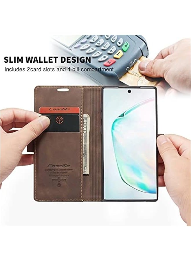CaseMe Matte Retro PU Leather Wallet Case with Magnetic Kickstand for Samsung Galaxy Note 10 Lite\/A81 - Coffee - Image 4