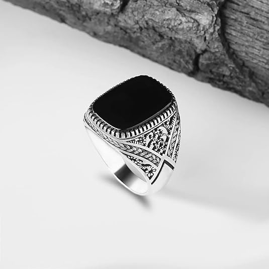KsrModa 925 Sterling Silver Genuine Black Onyx Stone Mens Silver Ring Silver Signet Ring for Men Handmade Engraved Silver Men Rings Sterling Silver Pinky Ring Gift for Men Gift for Dad (8) - Image 4