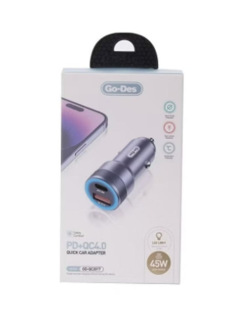GO-DES GD-QC2017 45W USB + USB-C Fast Car Charger in Black – Dual Port Rapid Charging for Smartphones, Tablets, and More - Image 2