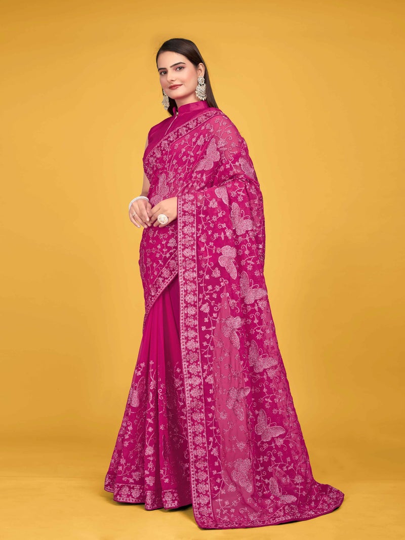 MANOHARI Women Georgette Most Trendy Embroidery Pink Saree With Blouse Piece - Image 2