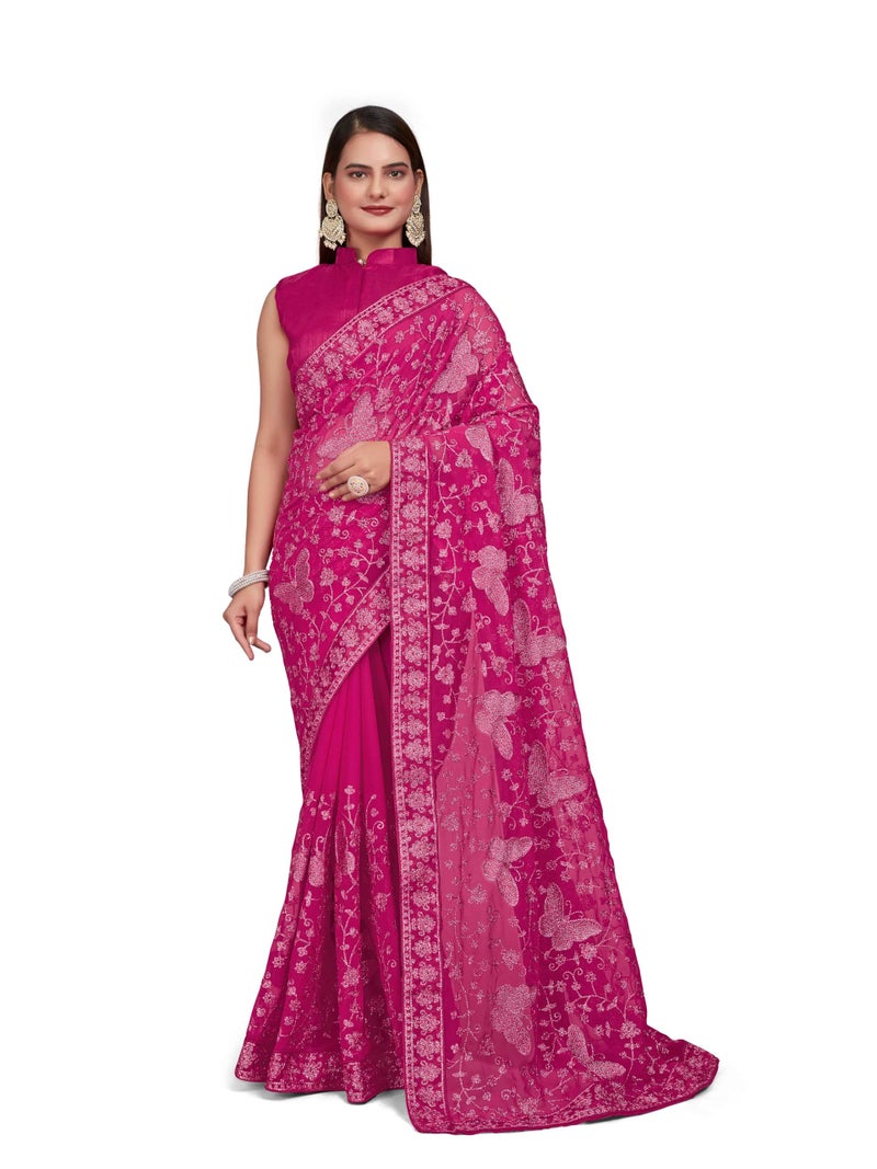 MANOHARI Women Georgette Most Trendy Embroidery Pink Saree With Blouse Piece - Image 1