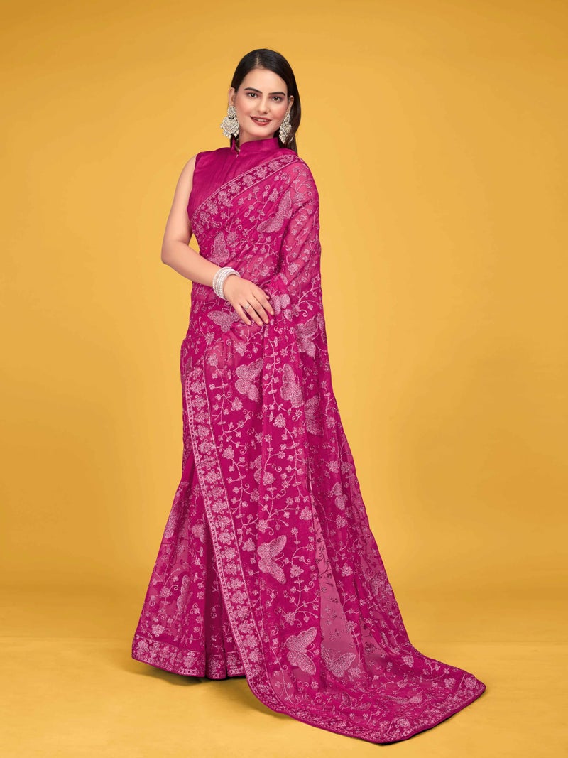 MANOHARI Women Georgette Most Trendy Embroidery Pink Saree With Blouse Piece - Image 3