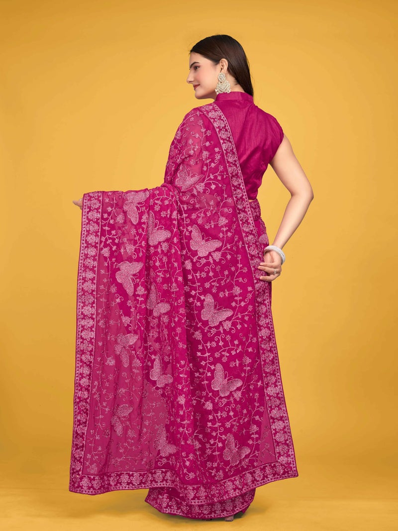 MANOHARI Women Georgette Most Trendy Embroidery Pink Saree With Blouse Piece - Image 5
