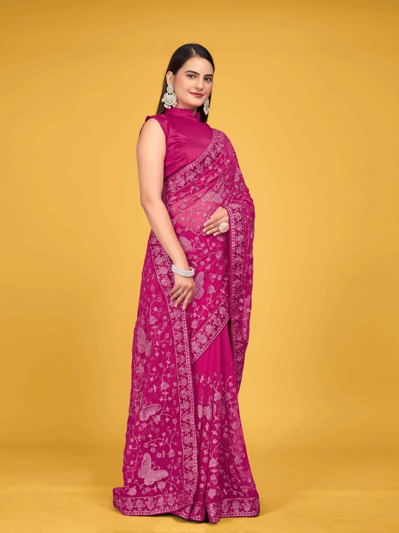 MANOHARI Women Georgette Most Trendy Embroidery Pink Saree With Blouse Piece - Image 4